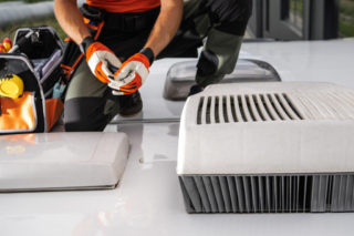 Technician Working on RV Air Conditioner Motor home Air Con Unit