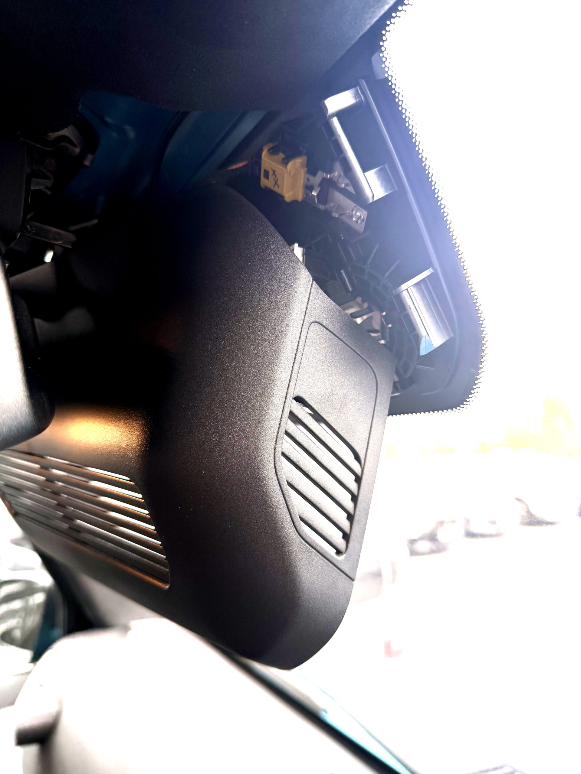 Road Angel dash cam cable routed behind A-pillar on Mercedes G-Class — clean install